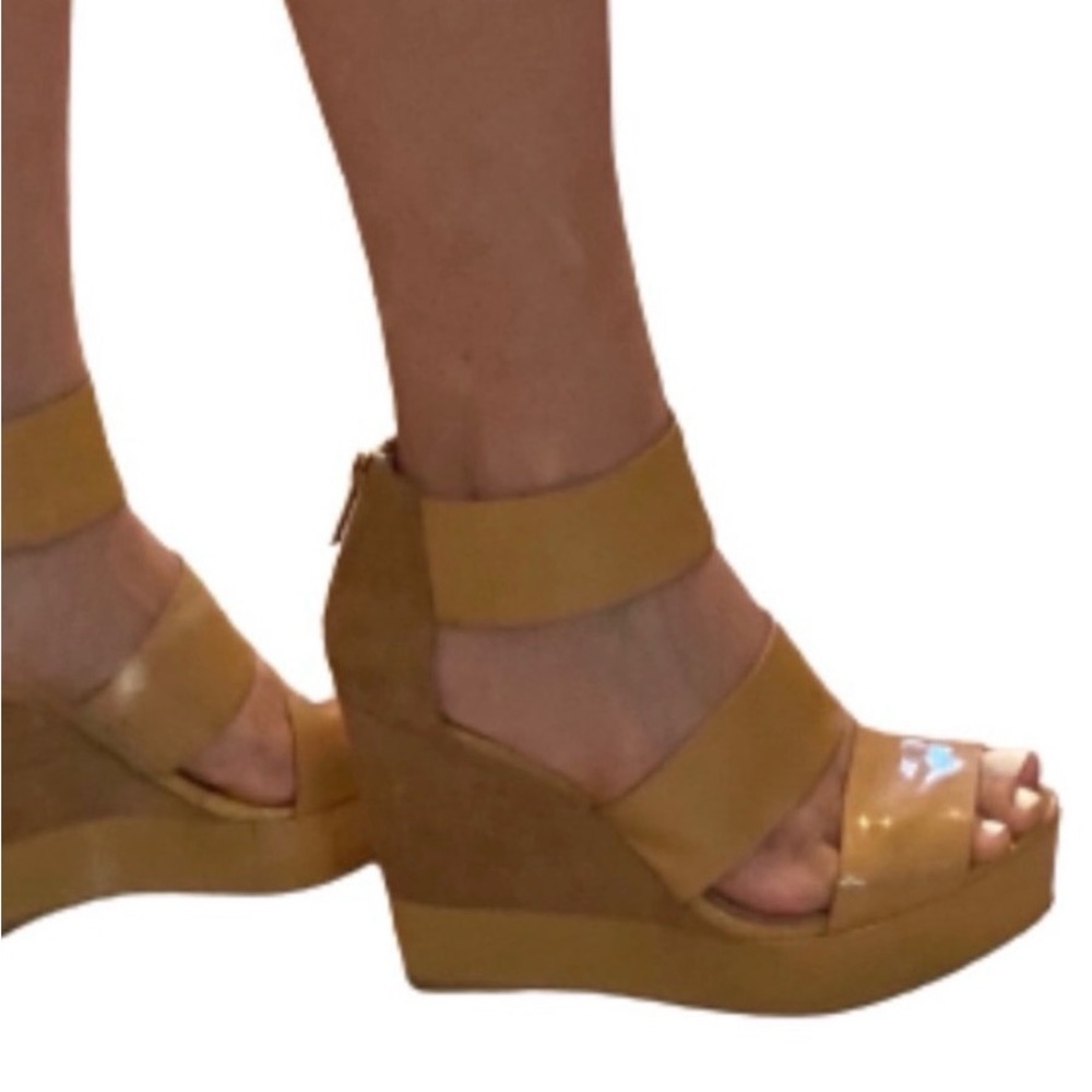 KORS Michael Kors Mustard Tan Platform Wedge Sandals with Ankle Strap
